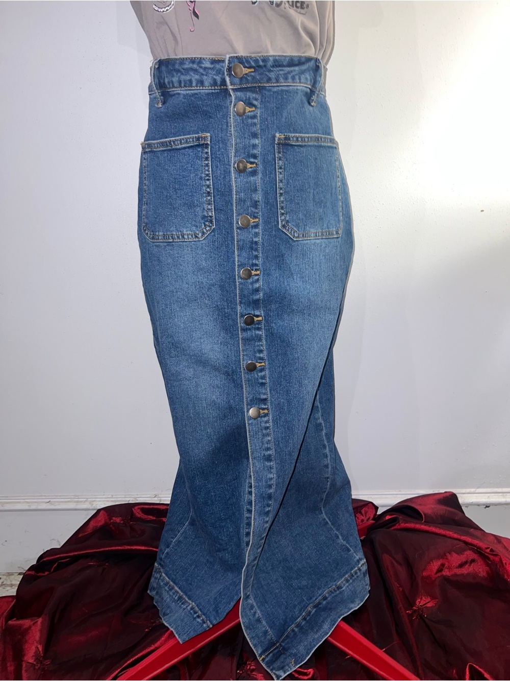 Blu Pepper High -Waist Button-Front Blue Denim Maxi Skirt Sz Large